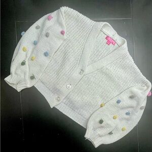 Girls Say What White Knit Cardigan w Colorful Pom-Pom balloon sleeve large 14